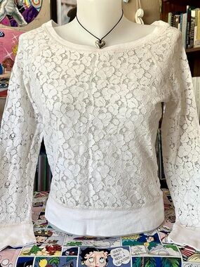 aerie White Floral Lace Pullover Sweatshirt